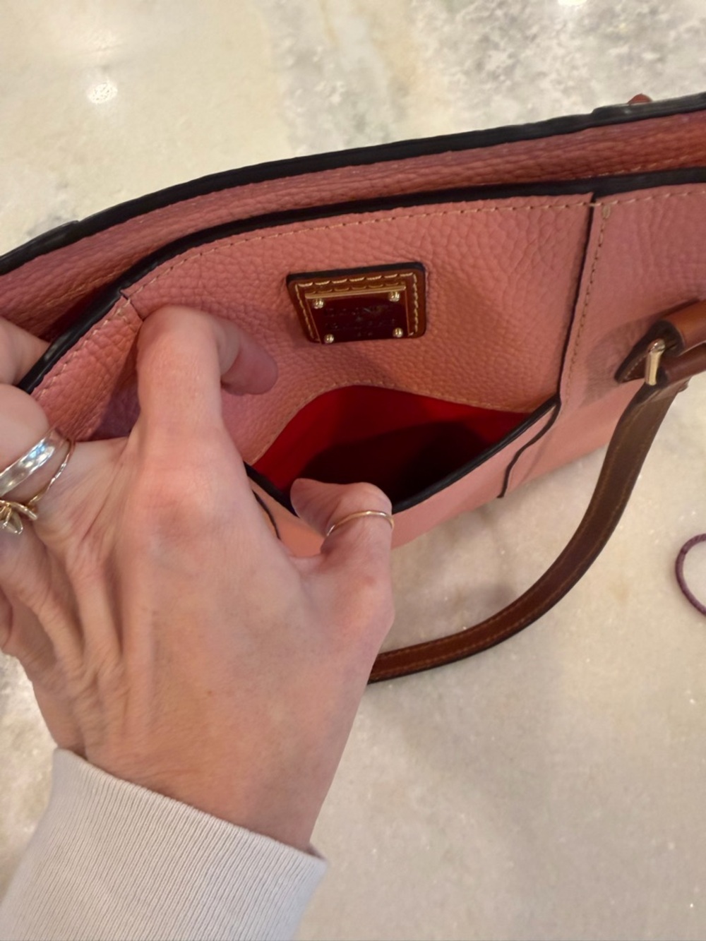 Dooney & Bourke Coral Pink Pebbled Leather Tote with Brown Straps - Picture 8 of 8